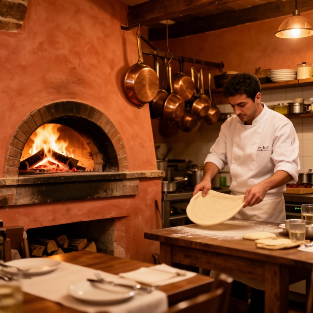Chef hand-stretching dough beside the wood-fired oven